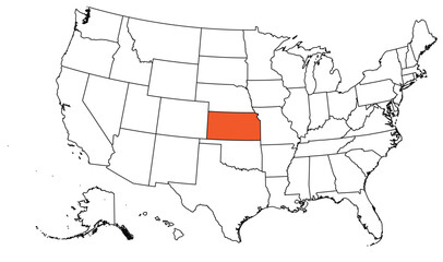 The outline of the US map with state borders. The US state of Kansas
