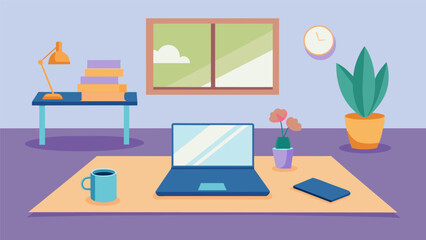 An inviting study room with a yoga mat and laptop for a peaceful virtual yoga practice..
