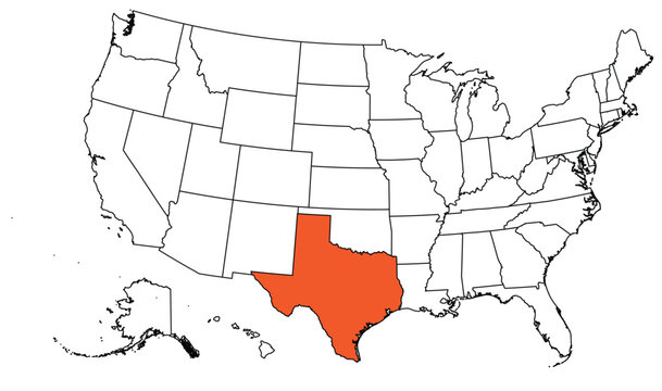 The outline of the US map with state borders. The US state of Texas