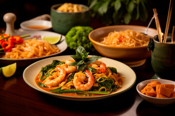 table of thai restaurant foods with green, pad see ew noodles and tom yum goong soup