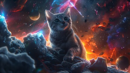 A cute cat is sitting on an asteroid in space. The asteroid is surrounded by colorful nebulae and stars.