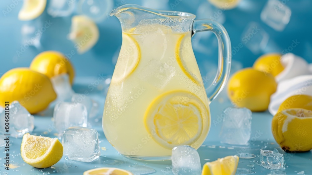 Aufkleber A refreshing pitcher of lemonade garnished with lemon slices and surrounded by ice cubes, a summer staple.