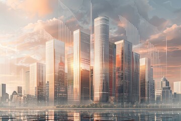 A detailed painting showcasing a bustling city with towering skyscrapers against a clear sky backdrop. Generative AI