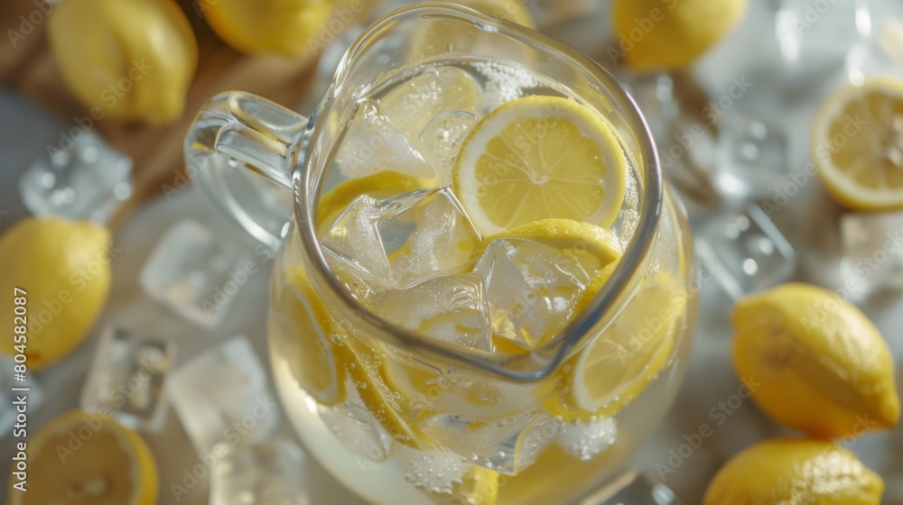 Aufkleber A refreshing pitcher of lemonade garnished with lemon slices and surrounded by ice cubes, a summer staple.