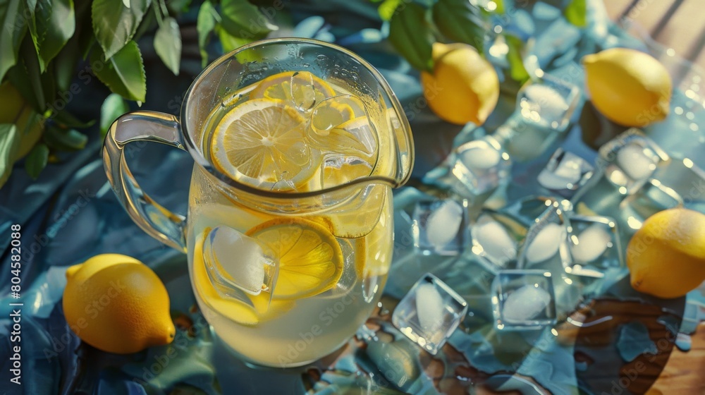 Aufkleber A refreshing pitcher of lemonade garnished with lemon slices and surrounded by ice cubes, a summer staple.