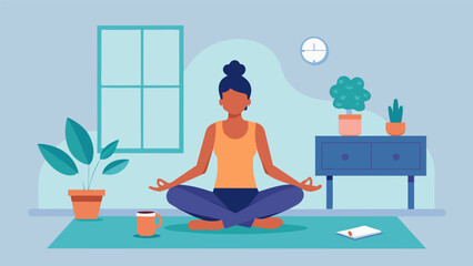 A yoga session in a small apartment with minimalistic decor and a large succulent plant serving as a peaceful focal point.. Vector illustration