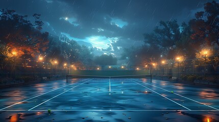 A tennis court with a night sky, representing the intensity of the match