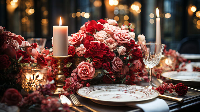 Reception Decor: Table setting served and decorated for wedding banquet.