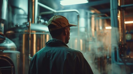 Obraz premium Brewer in a hat inspects equipment in a misty brewery