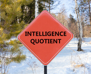 IQ intelligence quotient symbol. Concept words IQ intelligence quotient on red road sign. Beautiful forest snow blue sky background. Business psychology IQ intelligence quotient concept. Copy space.