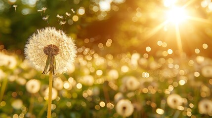   A dandelion, its yellow head in the heart of a sun-lit field, leaves bathed in sunlight