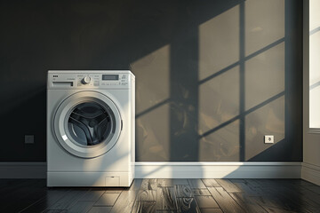 3D washing machine in an empty room with a blank black wall behind it