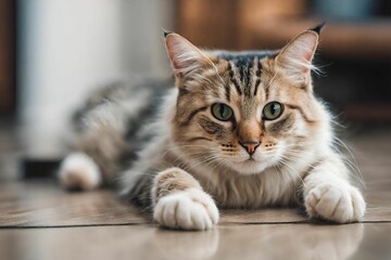 portrait of cute cat laying on the floor. selective focus point.