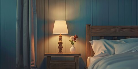 lamp on a wooden bedside table in the bedroom Generative AI