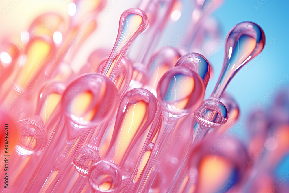 Poster Pink holographic bubbles floating on the soft colorful abstract background in beautiful vivid tones.