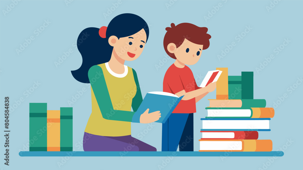 Poster a mother and child browsing together the child eagerly selecting books while the mother helps them f