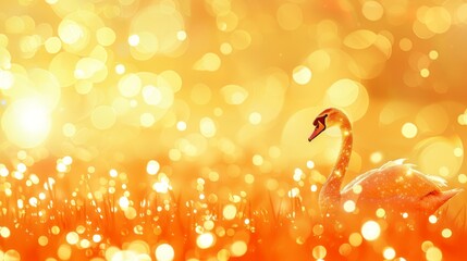   A close-up of a flamingo in a field of grass with a backdrop of soft, shimmering light bokeh (background blur caused by an out-of-focus