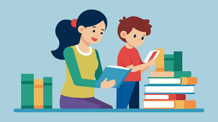A mother and child browsing together the child eagerly selecting books while the mother helps them find ageappropriate titles.. Vector illustration