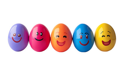 A row of colorful Easter eggs with different happy faces on them isolated against a white background