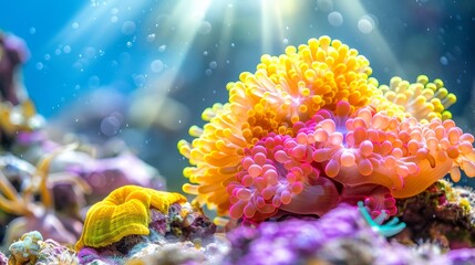 Obraz premium A tight shot of a solitary sea anemone clinging to a coral, surrounded by other anemones in the background