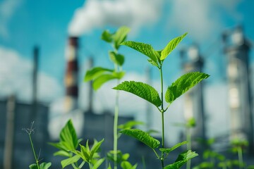 vibrant green plant thriving in the foreground contrasted by a co2emitting industrial chimney symbolizing the balance between industry and environmental sustainability conceptual photography