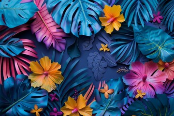 vivid tropical background with exotic summer leaves and flowers colorful floral pattern
