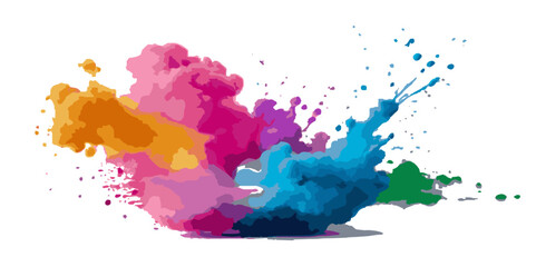 Vector watercolor rainbow multicolor splatter design background. Multicolored rainbow explosion of cloud powder paint holi decoration isolated on transparent background.