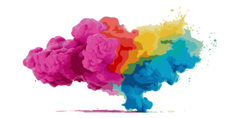 Vector watercolor rainbow multicolor splatter design background. Multicolored rainbow explosion of cloud powder paint holi decoration isolated on transparent background.