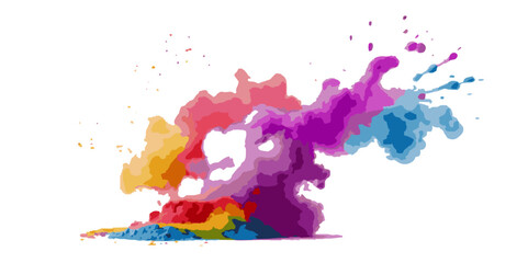 Vector watercolor rainbow multicolor splatter design background. Multicolored rainbow explosion of cloud powder paint holi decoration isolated on transparent background.