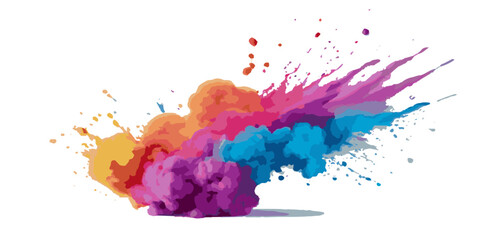 Vector watercolor rainbow multicolor splatter design background. Multicolored rainbow explosion of cloud powder paint holi decoration isolated on transparent background.