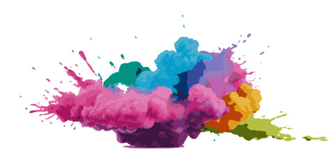 Vector watercolor rainbow multicolor splatter design background. Multicolored rainbow explosion of cloud powder paint holi decoration isolated on transparent background.