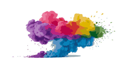 Vector watercolor rainbow multicolor splatter design background. Multicolored rainbow explosion of cloud powder paint holi decoration isolated on transparent background.