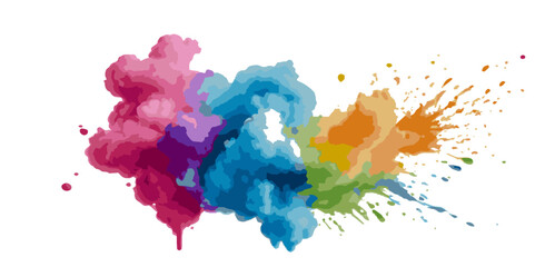 Vector watercolor rainbow multicolor splatter design background. Multicolored rainbow explosion of cloud powder paint holi decoration isolated on transparent background.