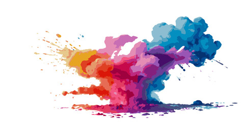 Vector watercolor rainbow multicolor splatter design background. Multicolored rainbow explosion of cloud powder paint holi decoration isolated on transparent background.