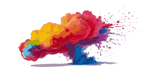Vector watercolor rainbow multicolor splatter design background. Multicolored rainbow explosion of cloud powder paint holi decoration isolated on transparent background.