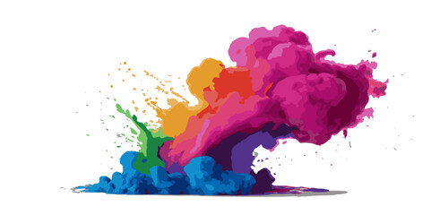 Vector watercolor rainbow multicolor splatter design background. Multicolored rainbow explosion of cloud powder paint holi decoration isolated on transparent background.