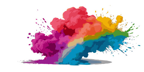 Vector watercolor rainbow multicolor splatter design background. Multicolored rainbow explosion of cloud powder paint holi decoration isolated on transparent background.
