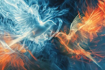 abstract fiery and icy birds in dynamic motion digital art illustration