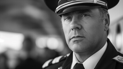 Middle-aged male pilot in uniform, gazing seriously at the viewer, with blurred figures in the background.