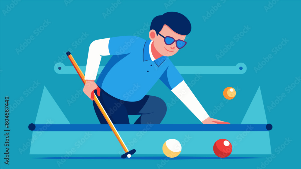 Poster a man with a visual impairment using specialized cues to play a game of adapted billiards skillfully