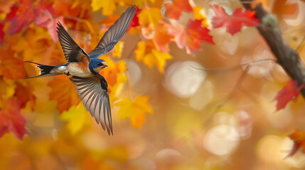 Against a backdrop of autumn foliage, a barn swallow prepares for its long journey south.
