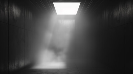 Dark hallway illuminated from the ceiling by a bright light, filled with thick fog, creating a mysterious and eerie atmosphere.