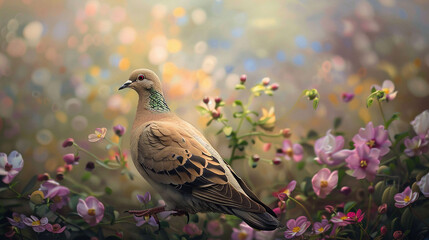 Against a backdrop of blooming flowers, a mourning dove basks in the warmth of morning.