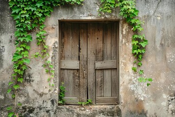 antique wooden door on old concrete wall with lush green plants rustic architecture photography