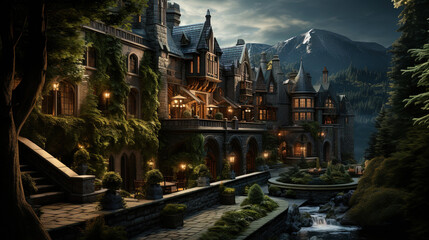 Fototapeta premium A Hotel in A Mountain Environment with Trees Surrounding it in the Style Of Ornate Details Landscape Background