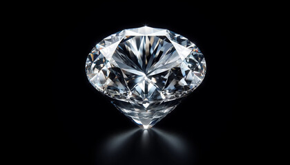 Close-up image of a sparkling, perfectly cut diamond. The diamond is placed in the center of a pure black background so that the light reflects its brilliant edges. Enough free space around the diamon
