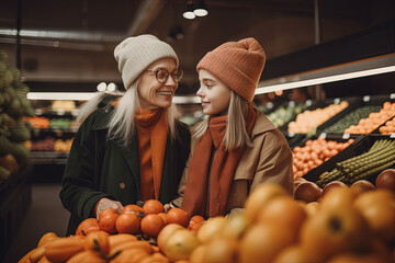 Grocery store scene with grandmother and child picking food in local supermarket.