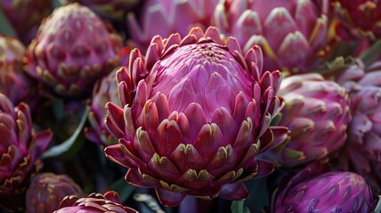Fototapeta premium A highly detailed close-up of a vibrant pink artichoke flower.