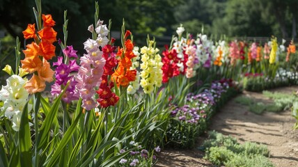A colorful display of various gladiolus flowers in a lush garden.