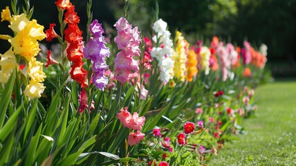 Garden scene with rows of colorful gladiolus flowers.